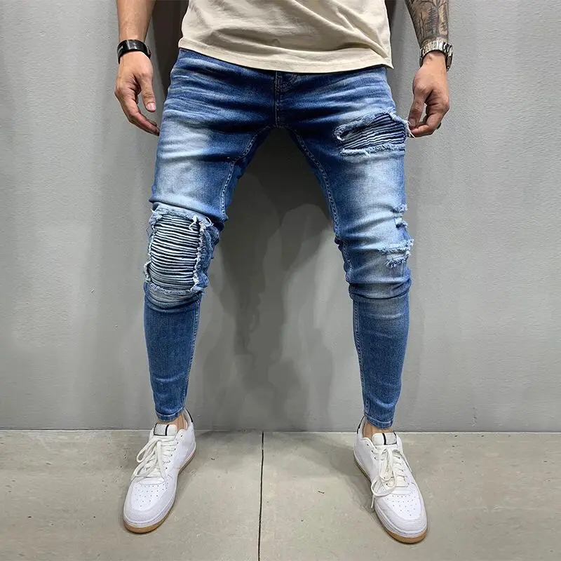 
Pants High Quality Super Skinny Ripped Denim Printed Distressed Men Blue Mens Stretch Jeans 
