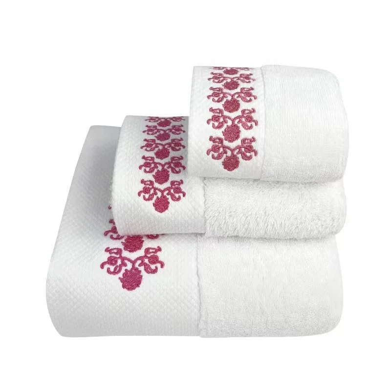 Pure 100 cotton embroidery hotel white absorbent towel bath towel set