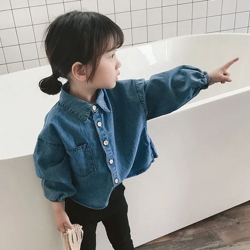 
Factory Wholesale Cute Bowknot Belt Design Button Down Casual Blouse Puff Sleeve Girls Shirt Kids Denim Shirts 