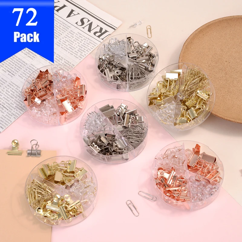 72Pcs Binder Clips Push Pins Paper Clips 4 Styles Office Supplies Set with Box for School Rose Gold