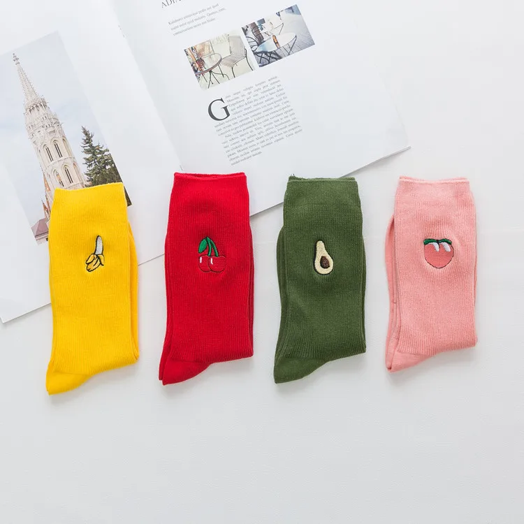 hot style Korean cartoon fruit avocado embroidery custom logo socks for women cute girl long tube socks