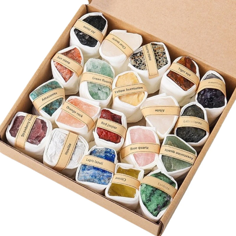 Wholesale Natural Raw Crystal Rough Gemstone Mixed Color Healing Stone Gift Box With Hot Stone Massage Set