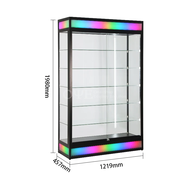Customized Toughened Glass Showcase with Bottom Colorful Led Light Smoke Shop Product LED Showcase