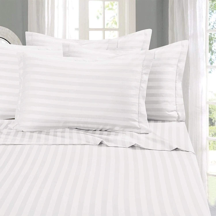 Hotel Bed Linen poly cotton Bed sheet Luxury White King Bedding Set 100 Cotton Plain Cover Striped Bed Sheet Set