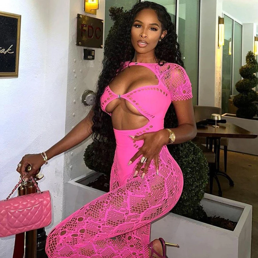 Kliou W23Q36666 Seamless jumpsuit women clothing bodysuit one piece sexy ladies jumpsuits hollow out short sleeve jumpsuit