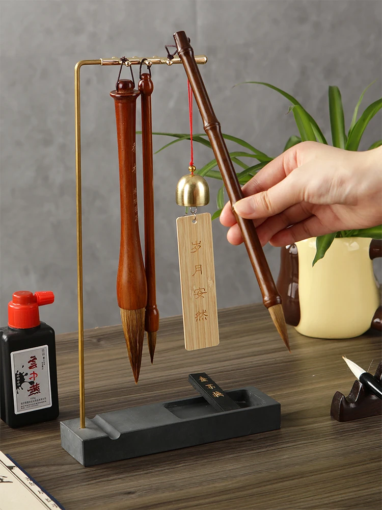 Brass Chinese Calligraphy Brush Pen Holder with 8 Needles & Ink Stone Base Desk Organizer Ink Hanger