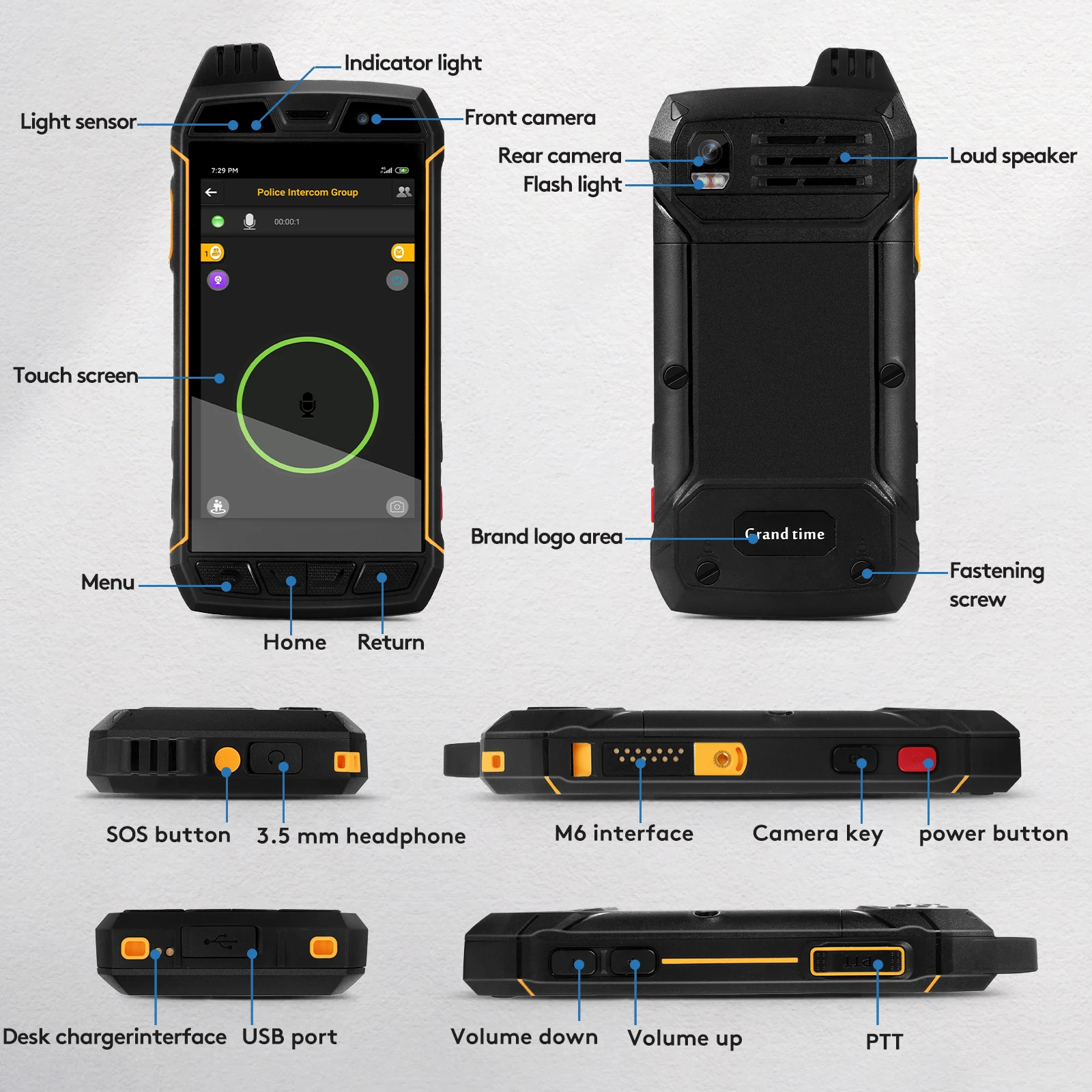 Grandtime Wholesale Durable Android System Big Screen HD Camera Personal Security Radio SOS Click 4G LTE 5G Talkie Walkie Talkie