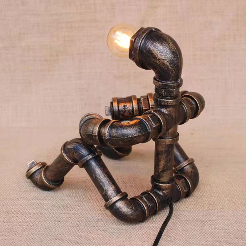 Industrial style retro nostalgic decoration living room bedroom bedside wrought iron pipe robot table lamp
