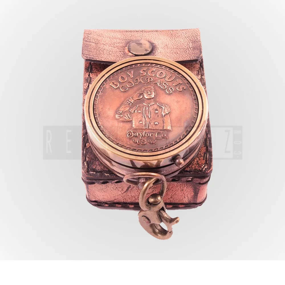 Copper Finishing Brass Boy Scouts Compass With Lather Box Engraved Compasses for Graduation Compass for Camping Hiking Touring