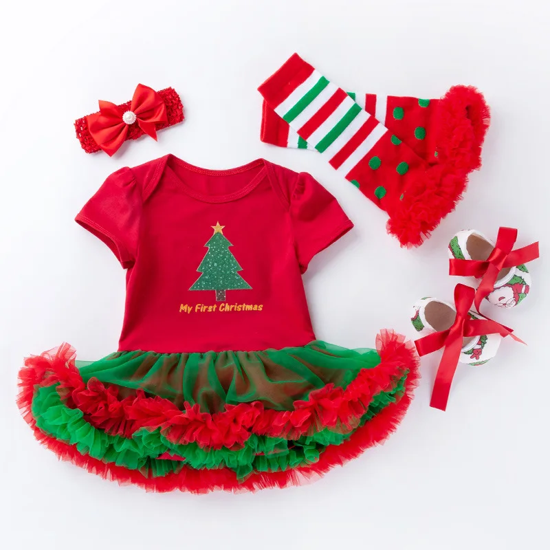 
New product christmas baby party dress newborn cartoon red and green net yarn princess dress 