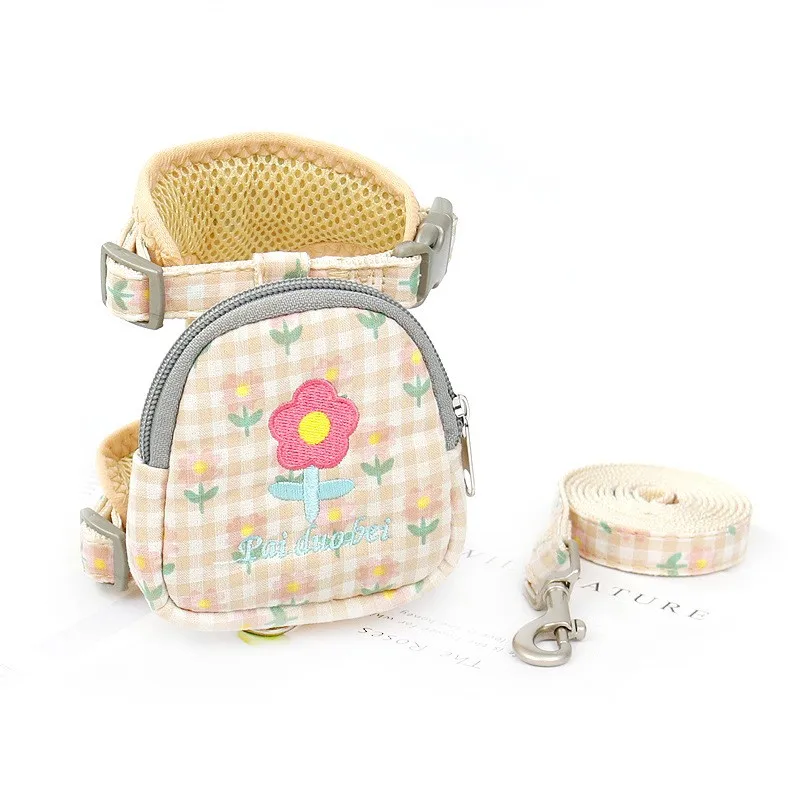 Harness Flower Puppy Kitten Traction Halter Outdoor Walking Pug Sweet Embroidery Pattern Dog Leash Bag Functional Cat Collar