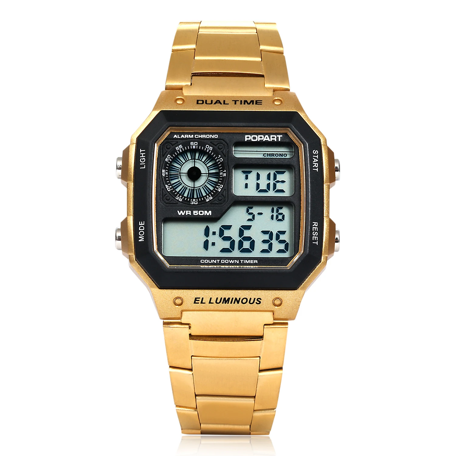 
Relojes POPART Y020SS Classic Men Wrist Watch Stainless Steel Digital Electronic Watches 