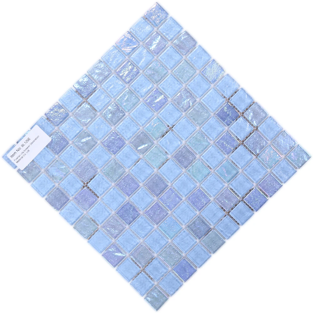 Swimming pool hotel bathroom mosaic tile Foshan square crystal iridescent light blue glass mosaic