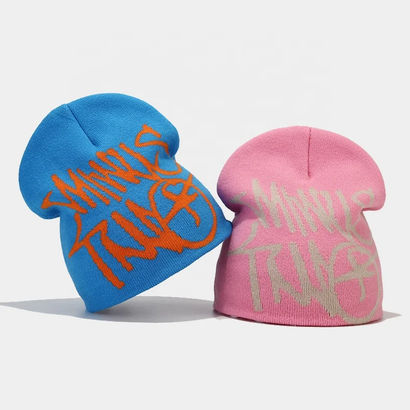 Hot sale Wholesale New Custom  Logo Printed  winter Beanies Jacquard  cuffless Knitted y2k beanie Hat  for women