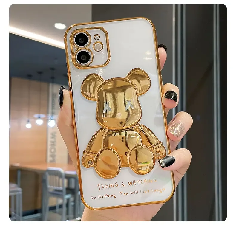 Hot Sale Electroplated 3d Bear Transparent Tpu Phone Case For Iphone 11 12 13 14 15 Plus/Pro/Pro Max