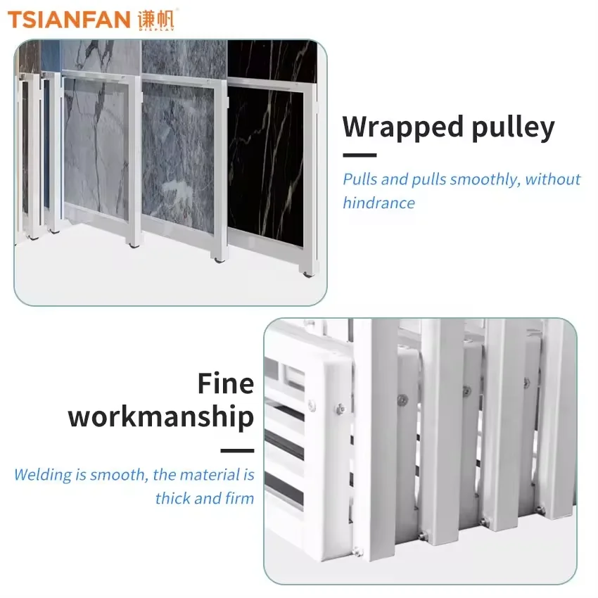 New style stone pattern plate floor cardboard pegboard tile display stand multi format sliding orbital marble tile display rack