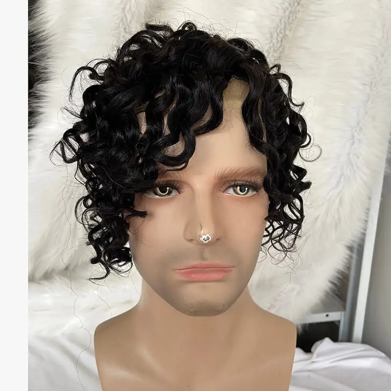 Mens Hairpiece Hair Replacement System Human Hair Loose Wavy Hairstyle French Lcae   toupee full lace 10x8