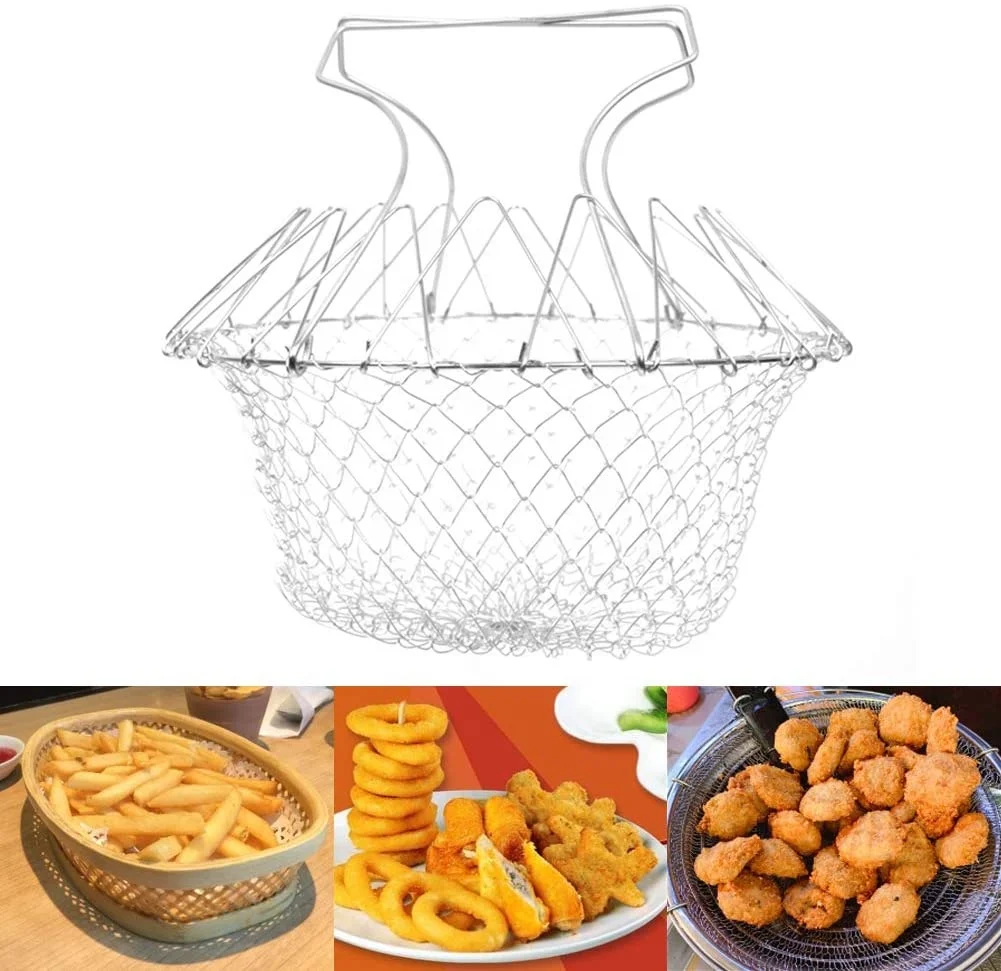 New telescopic kitchen multi-function poaching boiling deep fry basket stainless steel foldable strainer basket colander