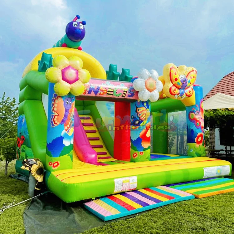 Outdoor party jumper bounce house with slide piepusama atrakcija inflatable bee slide bouncy castle