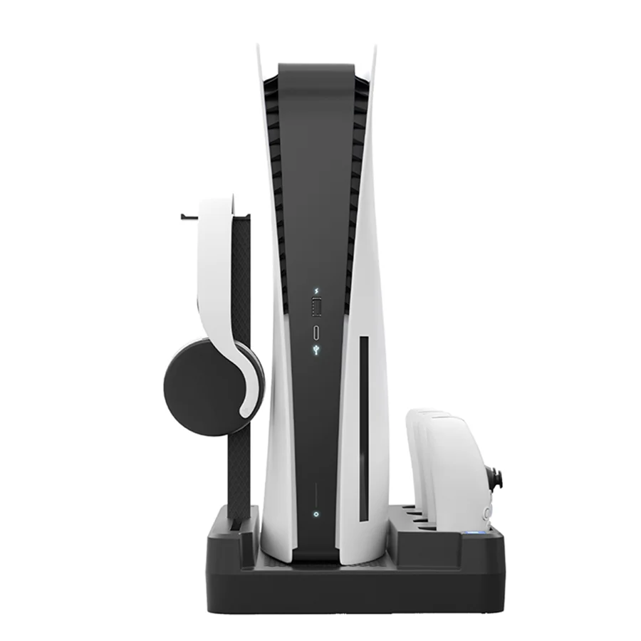 Вертикальная подставка PS5 с охлаждающим вентилятором и зарядной станцией с двойным контроллером для консоли PS5 с разъемом для гарнитуры и слотом для CD-карты