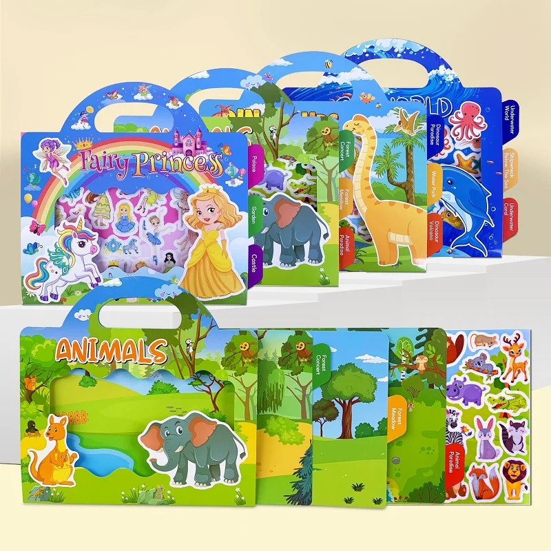Hot Sale Children Scene Educational Stickers DIY Hand-on Puzzle Sticker Books Reusable Cartoon Animal Learning Cognition Toys