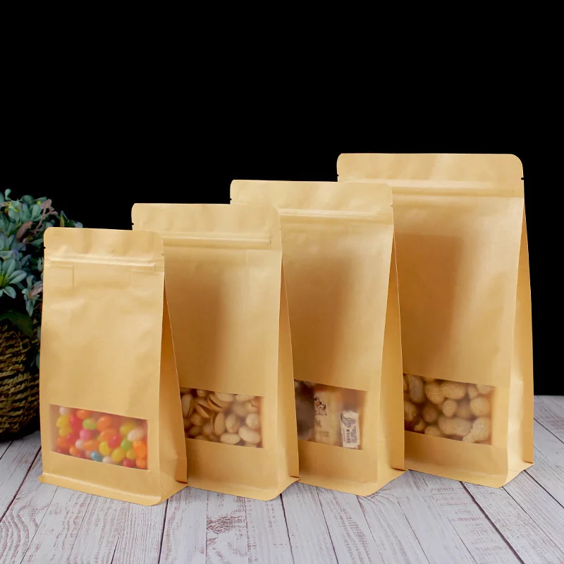 Food Grade Resealable Storage Flat Bottom Zipper Pouch Kraft Paper Bolsas Stand Up Pouches For Beef Jerky Multi-Grain Packaging