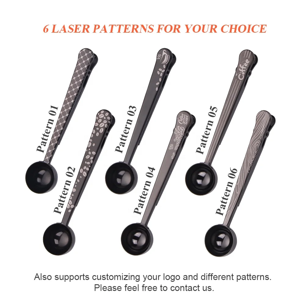 custom logo small coffee bean measuring spoon with bag clip steel 2 in 1 multipurpose 15ml powder measuring scoop with gift box