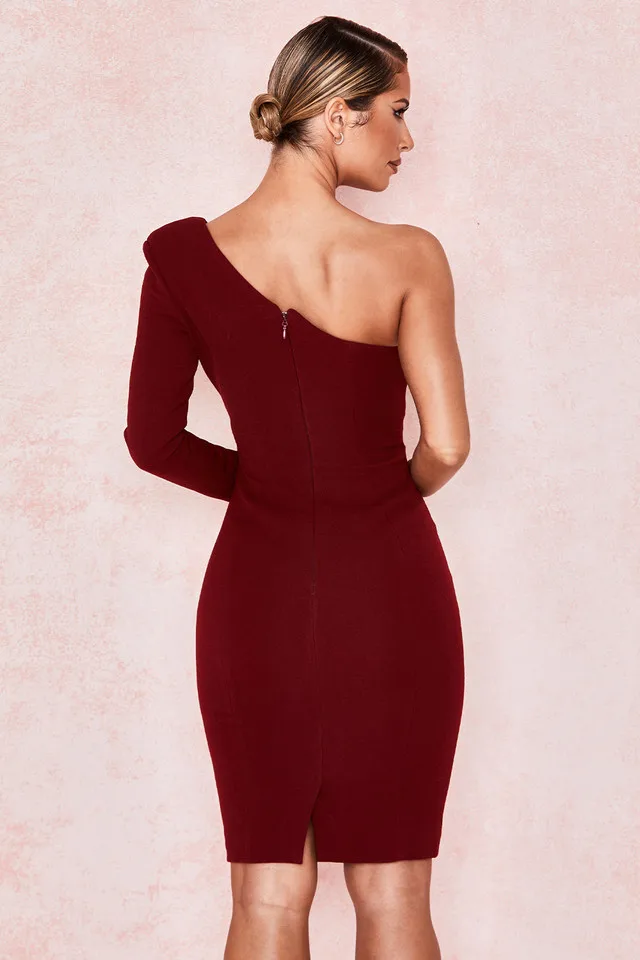 Wine One Shouldered Wrap Sexy Red Dress