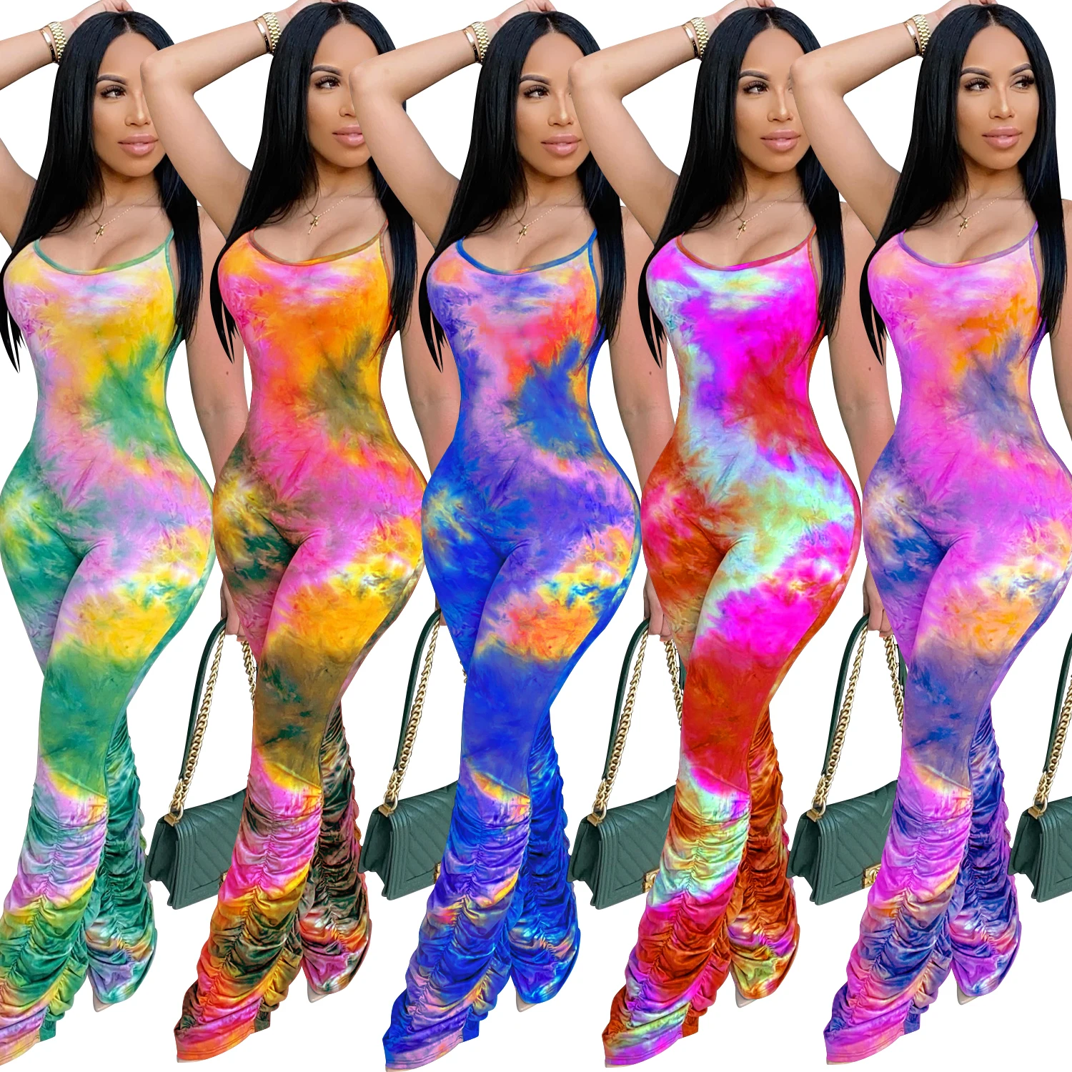 
Bunny BN-3561 2020 Women Tie Dye Bodycon Clothes Wear One Piece Sexy Summer Women Stacked Jumpsuit 