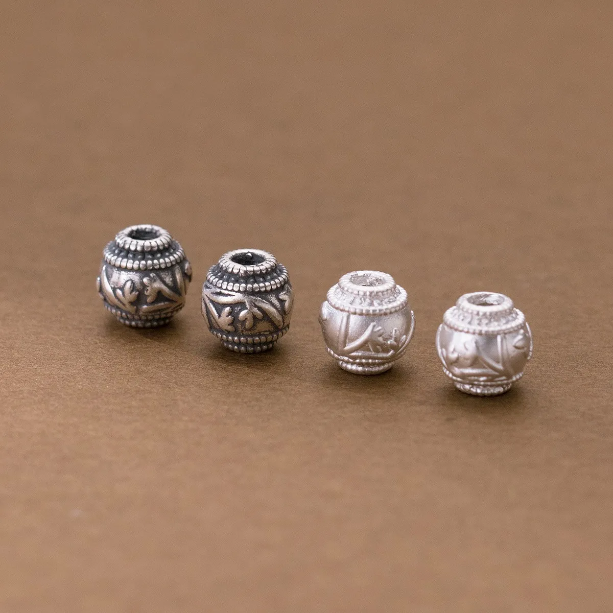 S999 Sterling Silver 3D Retro Printing Round Spacer Beads Handmade DIY String Weaving Rope Beads For Bracelet