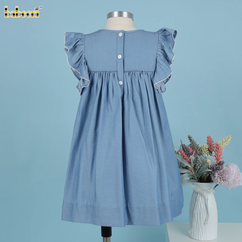 Girl Embroidered Flowers Blue Dress OEM ODM kid smocked baby dress smocked girl dress kids clothing wholesale - DR3804