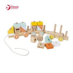 Classic World Wooden Educational Toys Infant Girl Boy Push and Pull Train with Stackable Blocks for Babies