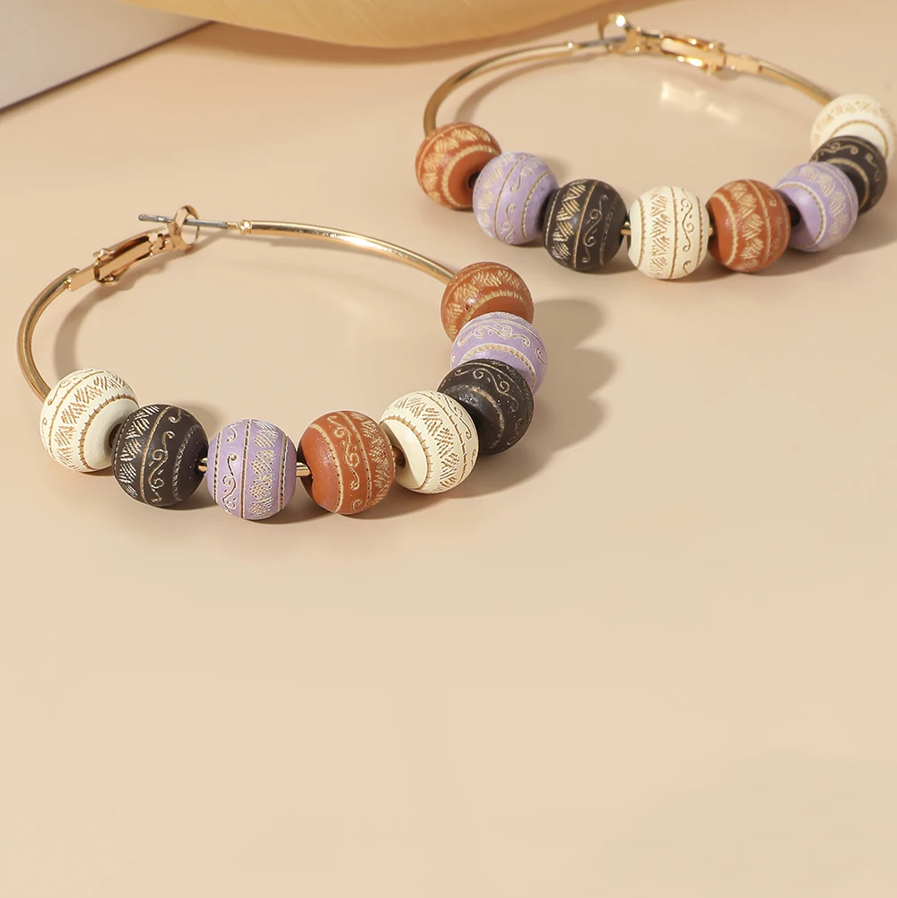 Bohemian Pop Large Ring Hoop Earrings Creative Colorful Printing Lettering Wooden Beads Stud Earrings For Women