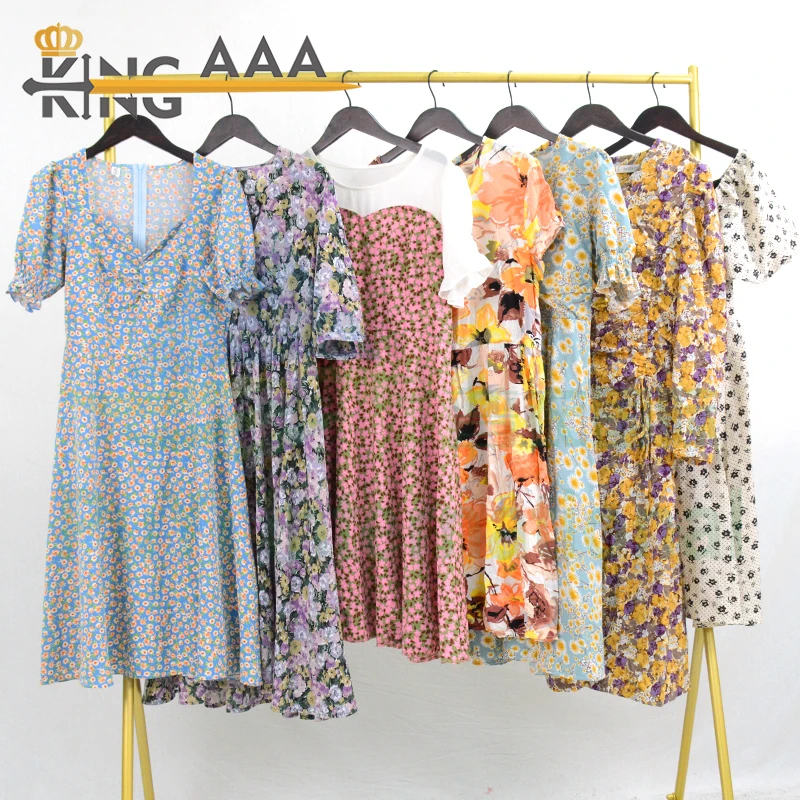 Wholesale Women Used Clothes Cotton Casual Dresses Floral Print Ladies Summer Short Sleeve Second Hand Clothing Bales