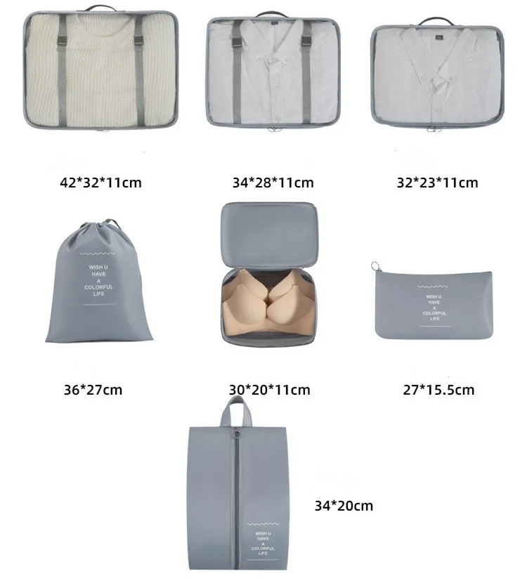 Fashionable Unisex 6/7 Set Packing Cubes for Suitcases Essential Travel Organizer Polyester Luggage Bag for Carry on Accessories