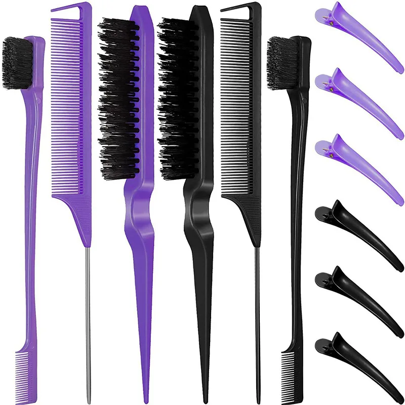 12 Pieces Hair Brush Set, Nylon Teasing Hair Brushes 3 Row Salon Teasing Brush, Double Sided Hair Edge Brush Smooth Comb