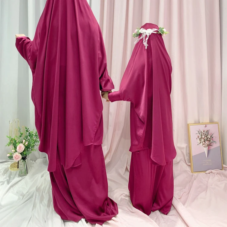 Mommy & me Muslim Batwing Long Sleeve Abaya with Hijab Islamic Clothing Prayer Dresses Maxi Turkish Robe Girls Kids Dubai
