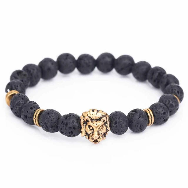 Fashion Men Lion Head Buddha Bead Bracelet Black Lava Stone Beads Charm Bracelets & Bangles For Men Accessories Gift