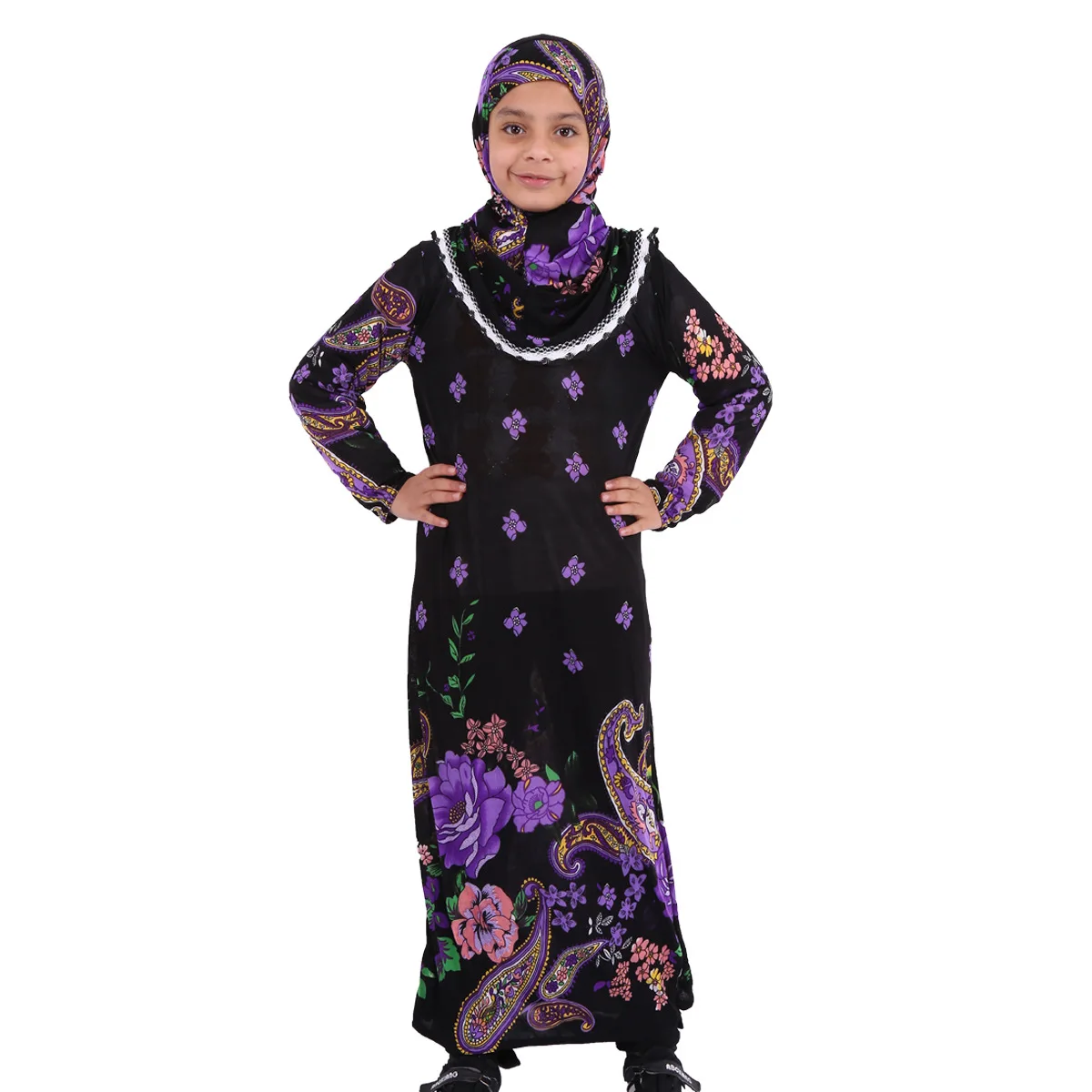 2022  4-15 Years Cotton Material Traditional  Gril Muslim Kids Prayer Floral Print Robe fille Abaya Dubai Islamic Clothing Abaya