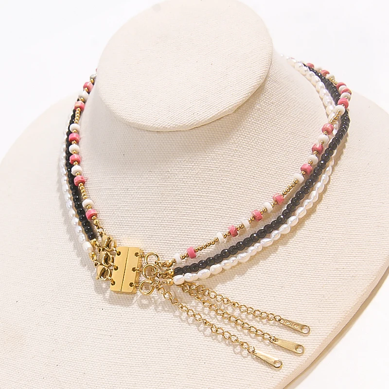 Designer Style Stainless Steel 14k Gold Plated Magnetic Necklet Triple Layering Clasp Chain Accessories