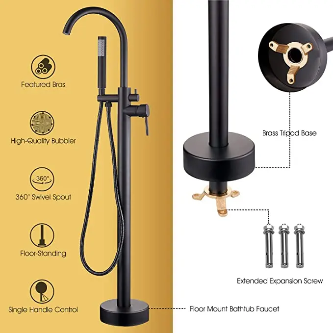 Freestanding Bathtub Faucet Tub Floor Mount Bathroom Faucets Brass Single Handle with Hand Shower High Flow Rate Max 6 GPM