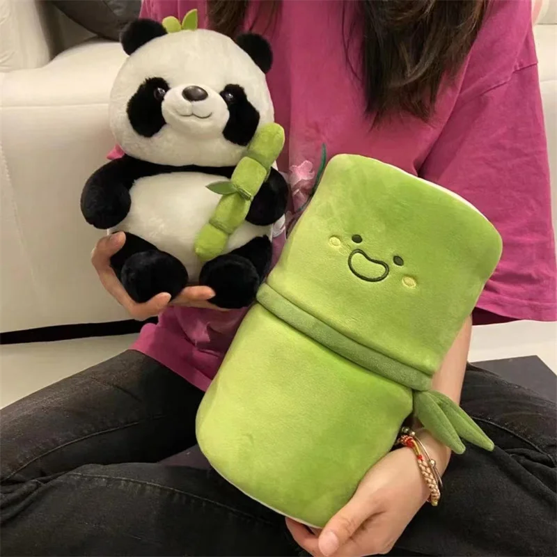 DOULUO Bamboo tube panda plush toy cute holding pillow hugging bamboo doll panda doll birthday gift