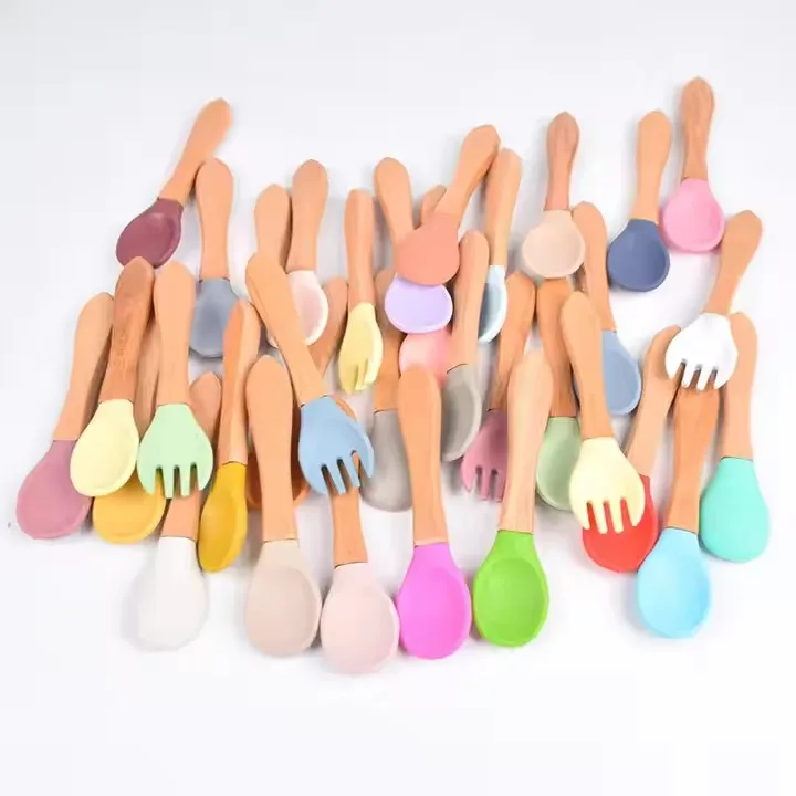 RTS Platinum Silicone Baby Fork Spoon Set Ready Stock Feeding Training Utensils Wooden Handle BPA Free Anti-Scalding Solid