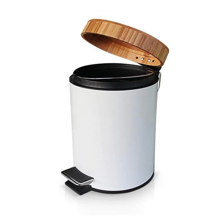 3L 5L Round Shape Stainless Steel Trash Bin Metal Garbage Bin With Bamboo Lid