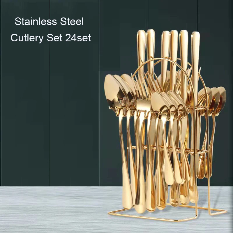 High Quality  fancy 304 stainless steel reusable cutlery set with stand Cutlery Storage Holder 24pcs