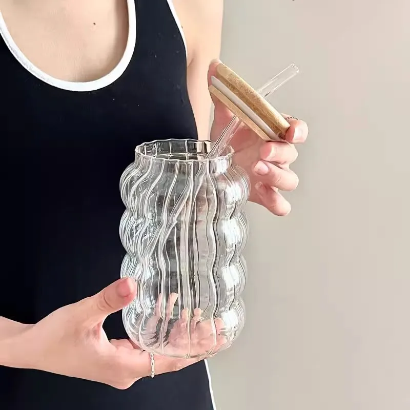 Large capacity Glass bottle with straw Bamboo wood cover hole glass high quality ice latte juice cup