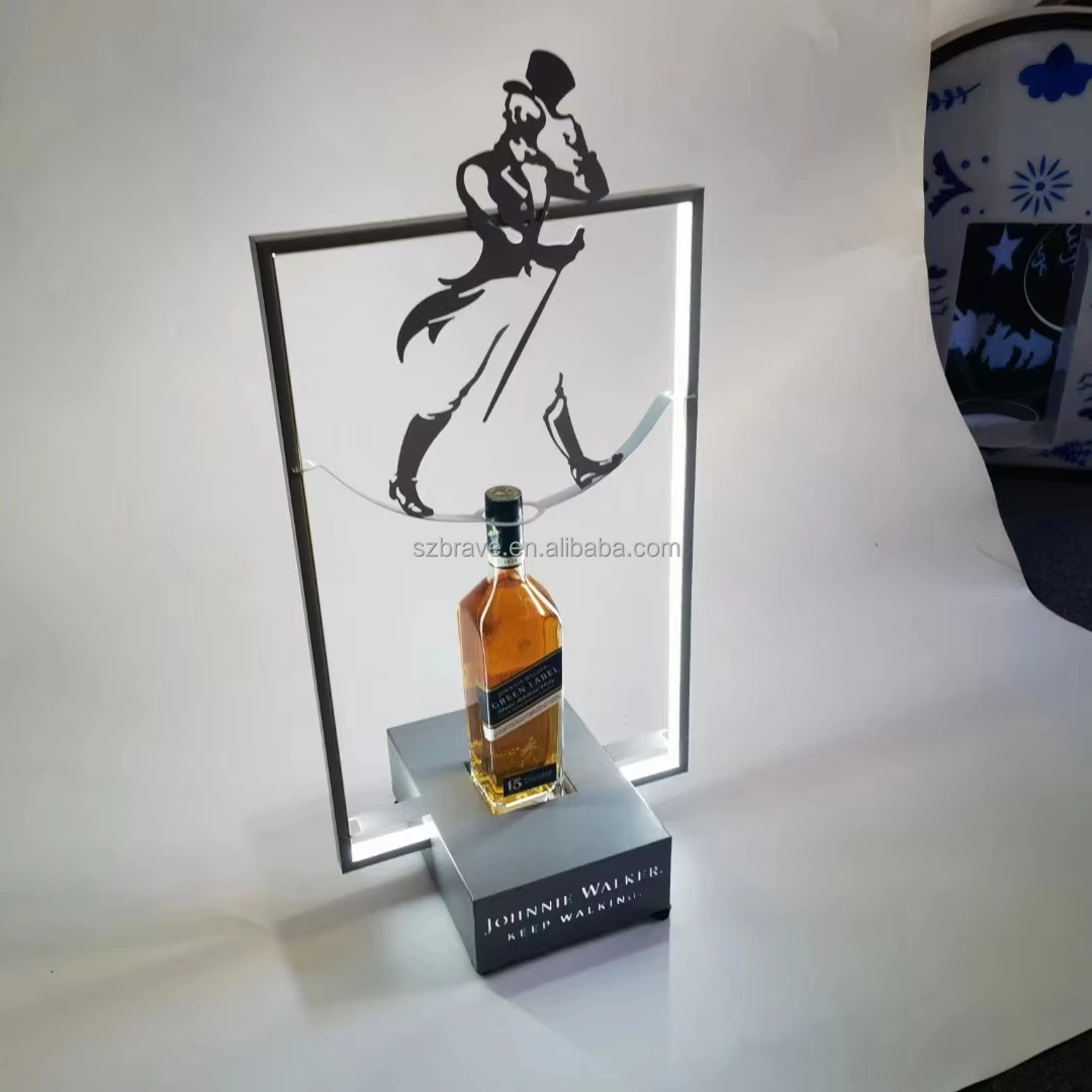 Customized New Design Rechargeable Black Walker Glorifier Display Keep Walking Johnnie Walker Whiskey Bottle Presenter