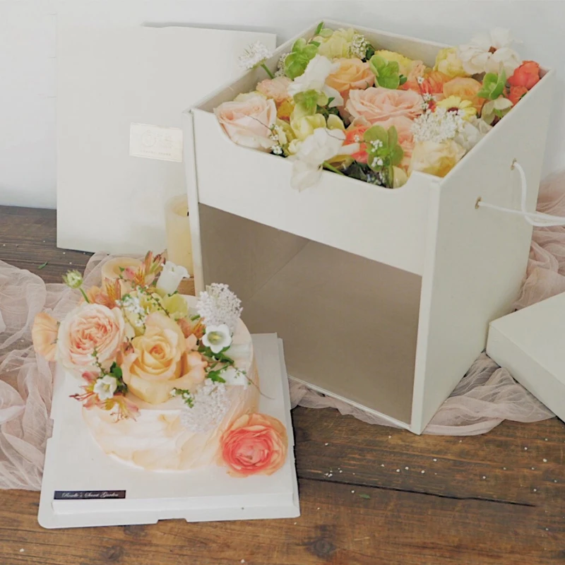 New arrival large double wall cardboard flower cake gift packaging box square paper birthday packaging box for flower and cake