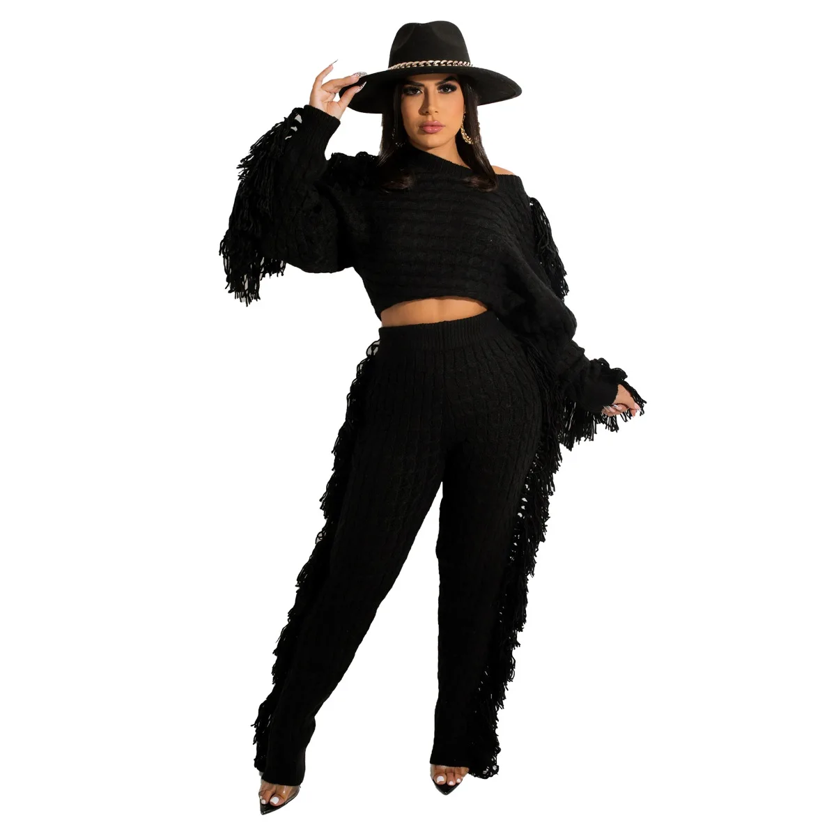 2022 New Arrivals Fashion Women Casual Long Sleeve Crop Slim Pants 2 Piece Set Side Tassel Knitted Suit