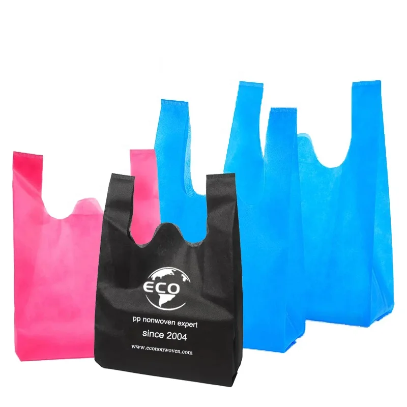 High quality reusable die cut grocery shopping t-shirt bag non woven 80g non woven polypropylene bags reinforced handle